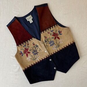 TanZara Vintage Suede Leather Floral Embroidered Western Vest Colorblock Med